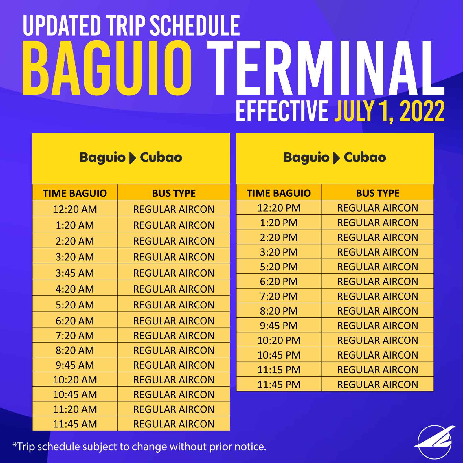 Photo of Bus Schedule of Victory Liner Baguio to Cubao Regular Aircon