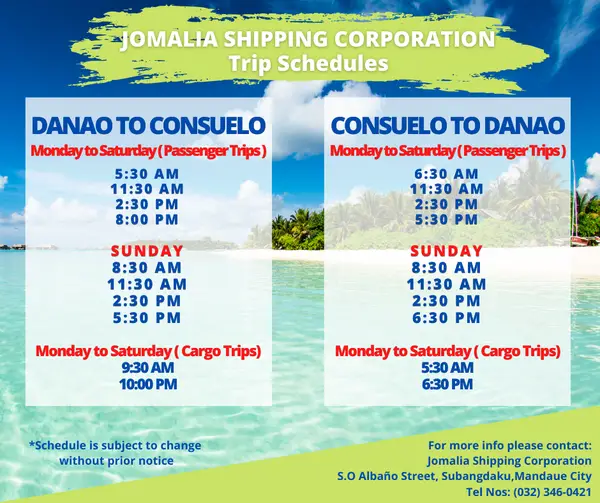 Infographic of Jomalia Shipping Corporation Trip Schedules of Danao to Consuelo in Camotes Island