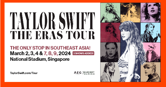 Ticket for Taylor Swift's The Eras Tour in Singapore, featuring vibrant design and event details.