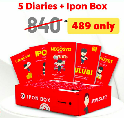 Collection of five diaries and an ipon box by Chinkee Tan, promoting personal and financial growth.