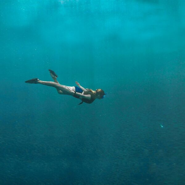 photo of woman swimming underwater. A group of adventurers engaging in exciting activities in the scenic landscapes of Cebu.