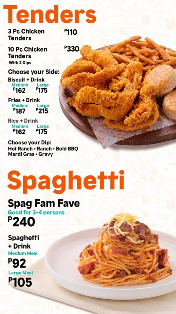 Tenders and Spaghetti Menu