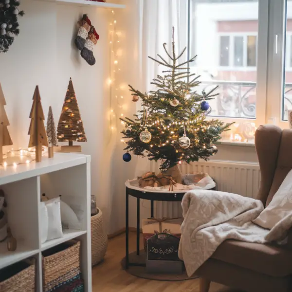 A photo of a cozy Christmas living room in a small apartment. There's a small Christmas tree on a side table near the window. There are various Christmas decorations and ornaments placed on a shelf. There's a wreath hanging on the wall. There's a cozy armchair with a soft throw blanket. The room has a warm and inviting atmosphere.