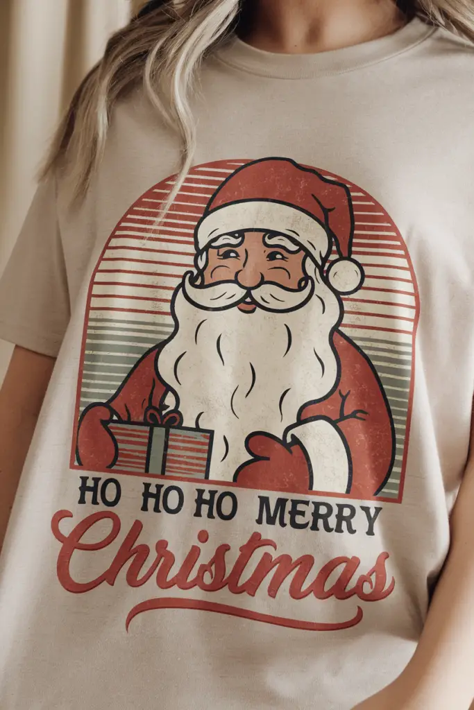 A photo of a festive Santa Claus graphic design on a t-shirt. The design has a vintage feel, with a red and white striped background and a Santa Claus figure with a white beard. Santa Claus is holding a gift. The text "Ho Ho Ho Merry Christmas" is written in a cursive font below the Santa Claus figure. The t-shirt is visible and the background is a beige curtain.