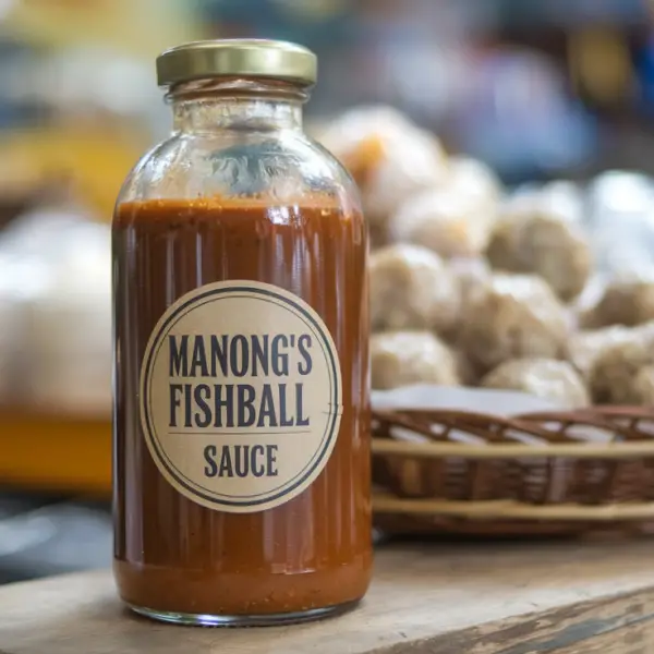 A photo of a glass bottle of Manong's Fishball Sauce. The bottle is placed on a wooden surface. There is a label on the bottle with the text "Manong's Fishball Sauce". The sauce has a dark brown color. The background is blurred and consists of a basket of fishballs and some street food items.