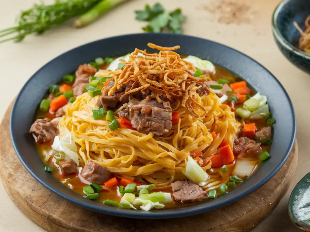 A plate of Pancit Habhab topped with meat and fresh vegetables.