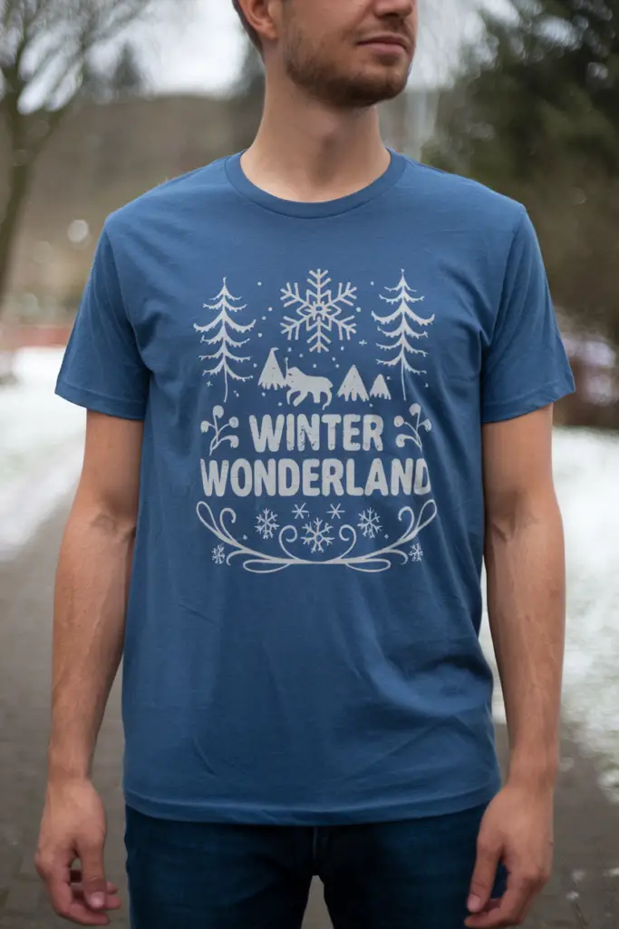 A photo of a random model wearing a unisex t-shirt with the design "Winter Wonderland". The t-shirt is visible and worn by the model. The background is blurred and contains a snowy landscape with trees and a path.