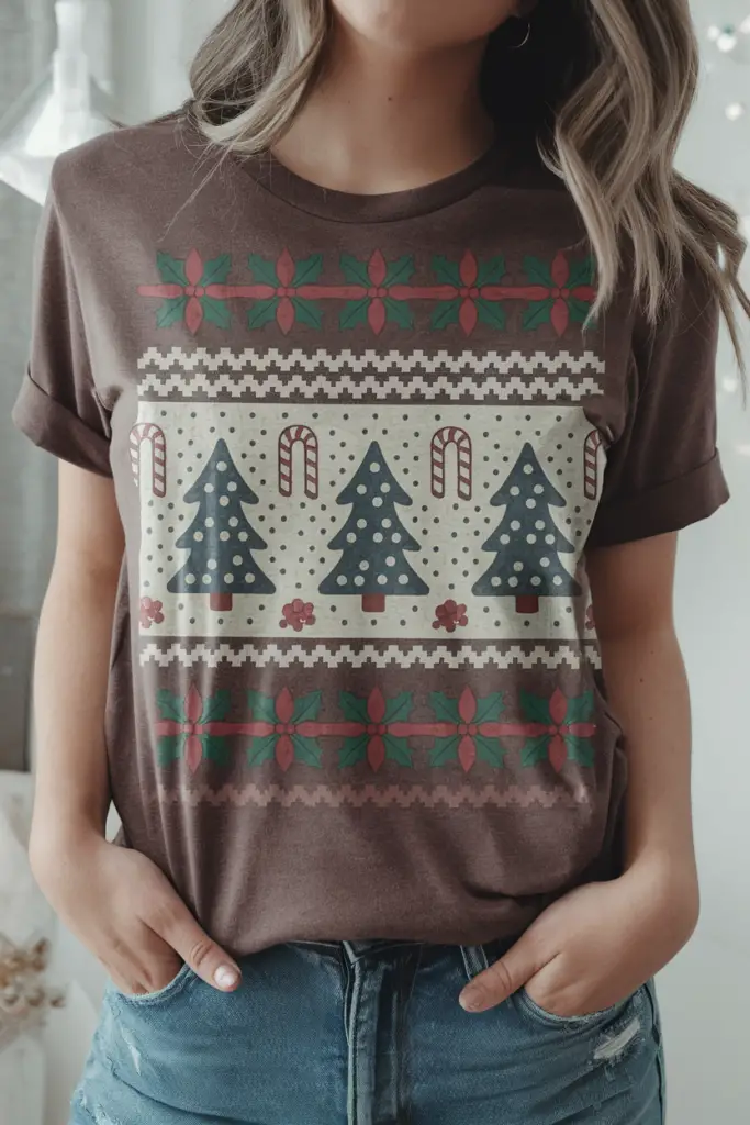 A photo of a random model wearing a unisex t-shirt with the design of holiday sweater-inspired patterns. The patterns include Christmas trees, snowflakes, candy canes, and holly leaves. The shirt is visible and worn by the model, who has their hands in the pockets. The background is light.