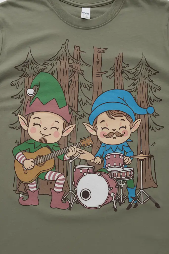 A photo of a t-shirt with a design of cute elf characters in action. There are two elves, one with a green outfit and a pointy hat, and the other with a blue outfit and a round hat. The elf in green is playing a guitar and has a beard. The elf in blue is playing a drum kit and has a mustache. The background is a forest with tall trees.