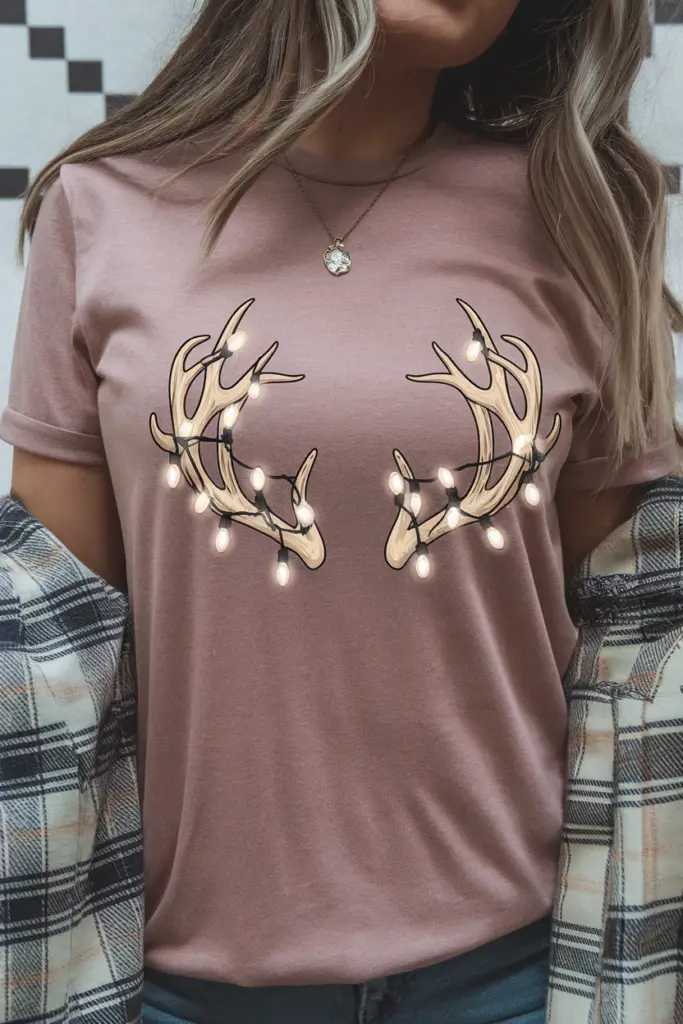 A photo of a t-shirt with the design "Reindeer Antlers with Lights". The t-shirt is visible and worn by a model. The model has long hair and is wearing a necklace. The background is a wall with a pattern.