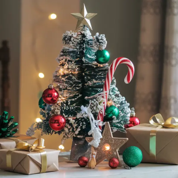 A photo of a table with a Christmas tree, a star on top, and various Christmas decorations. There are bright red and green balls on the tree, and a candy cane and a star near the tree. There are also a few presents wrapped in brown paper with gold ribbons. The background is a cozy room with a wooden chair and a window with a curtain.