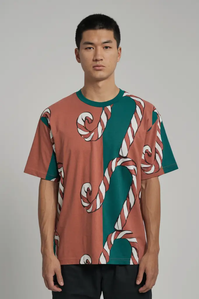 A photo of a unisex t-shirt with the candy cane pattern. The shirt is worn by a random Asian model. The model is standing against a white background.