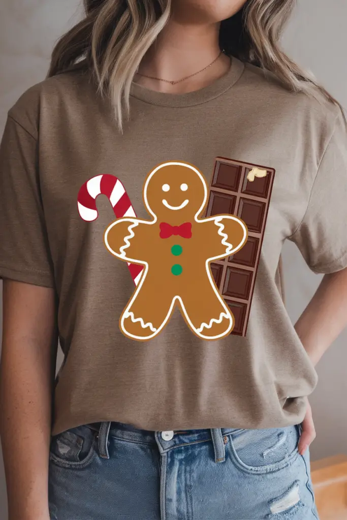 A photo of a unisex t-shirt with the Christmas cookie design. The design is of a gingerbread man with a candy cane and a chocolate bar. The shirt is visible and worn by a random model. The background is neutral and does not distract from the t-shirt.