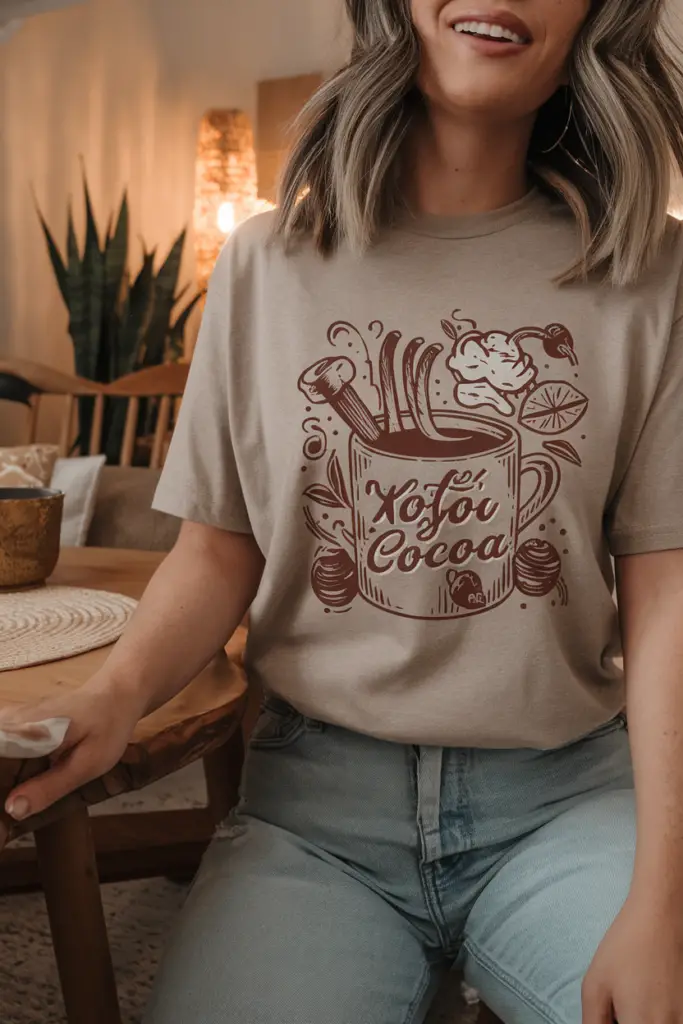 A photo of a unisex t-shirt with the cozy hot cocoa illustrations design. The shirt is visible and worn by a random model with a casual outfit. The background is a cozy living room with a wooden table, a few chairs, and a plant. There's a warm glow coming from a lamp in the background.