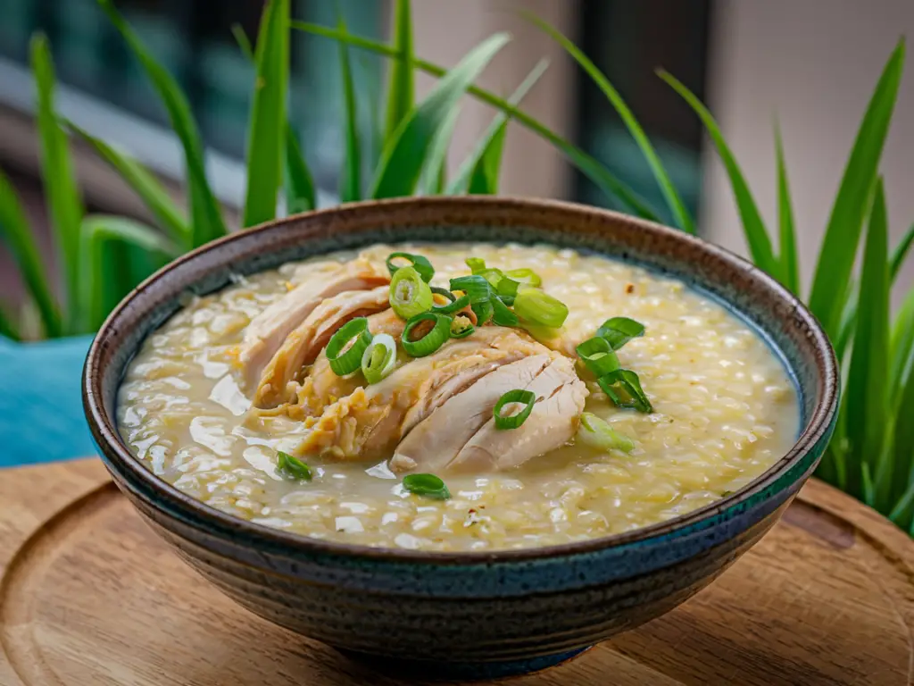 A bowl of Lugaw, Filipino rice porridge, topped with green onions and ginger.