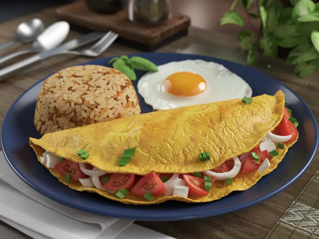 A delicious Pinoy omelette with tomatoes, served with rice and greens.