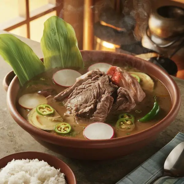 A steaming bowl of Beef Sinigang with tender meat and vegetables in a rich tamarind broth. Alt Text: A traditional bowl of Sinigang na Baka with beef shank, vegetables, and sour tamarind broth.