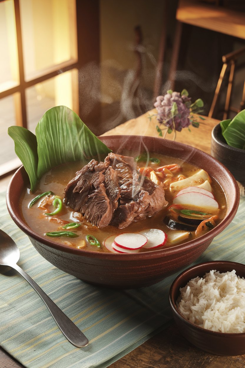 A steaming bowl of Beef Sinigang with tender meat and vegetables in a rich tamarind broth.
Alt Text: A traditional bowl of Sinigang na Baka with beef shank, vegetables, and sour tamarind broth.